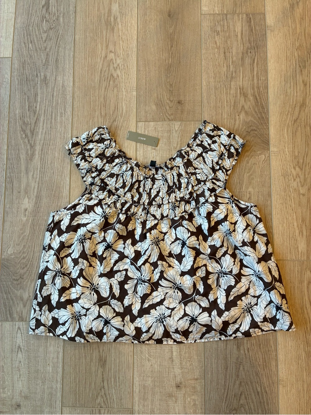 NWT J Crew Cream & Brown Floral Smocked Top Sleeveless cotton lined cottage XL